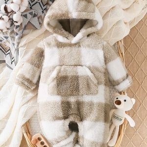 New 1-3m Baby Boy Buffalo Plaid Pattern Kangaroo Pocket Hooded Jumpsuit